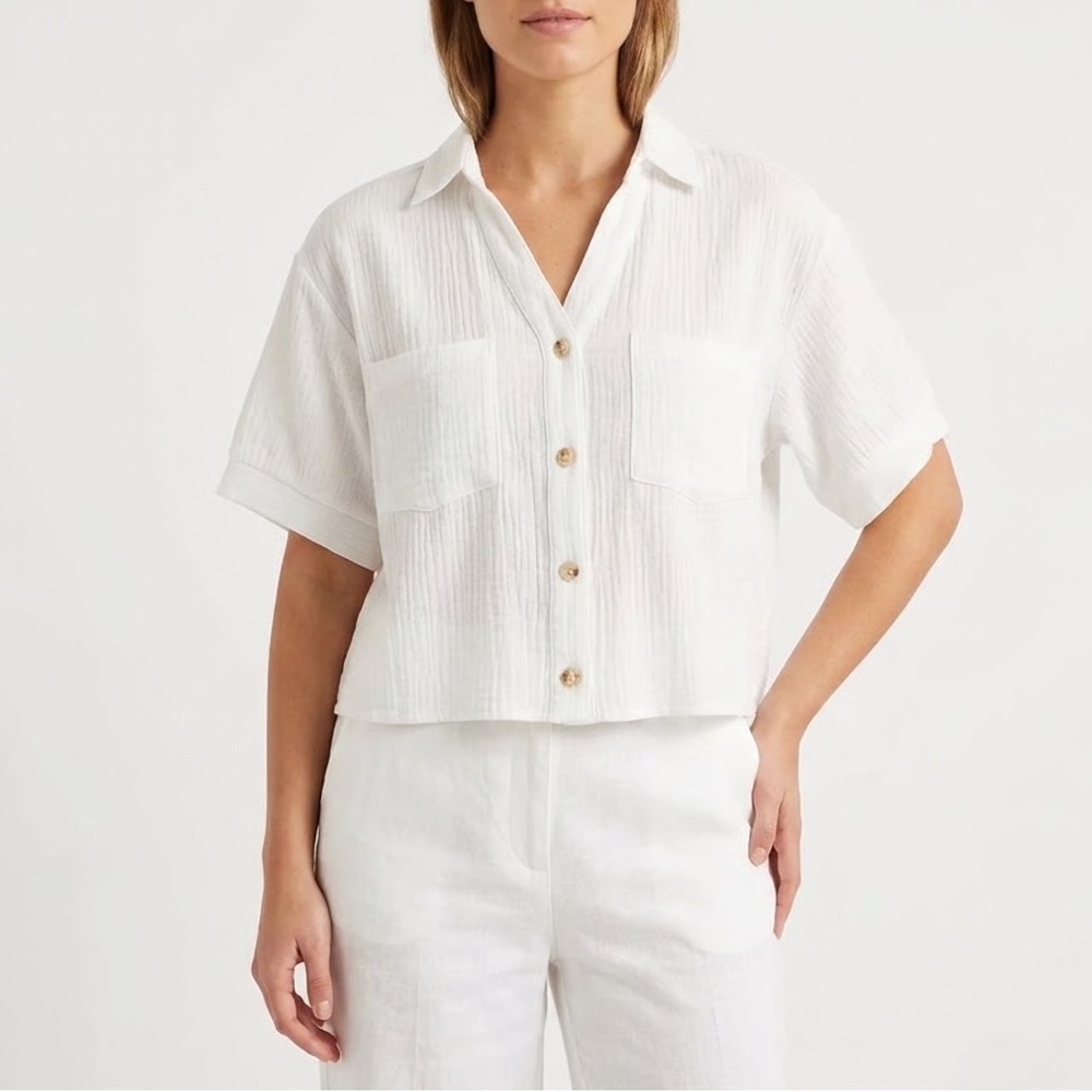 Love Notes White Cotton Gauze Cropped Button Down Shirt Short Sleeve Large